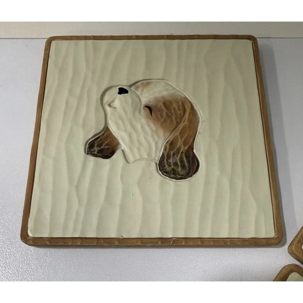 Vintage 4 Coaster Set with 3D Dog Puppy Holder Handpainted Carparatian